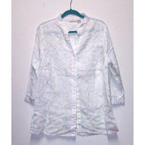 Tweeds 100% Linen Shirt Top Womens 1X White embroidered button up collared 3/4